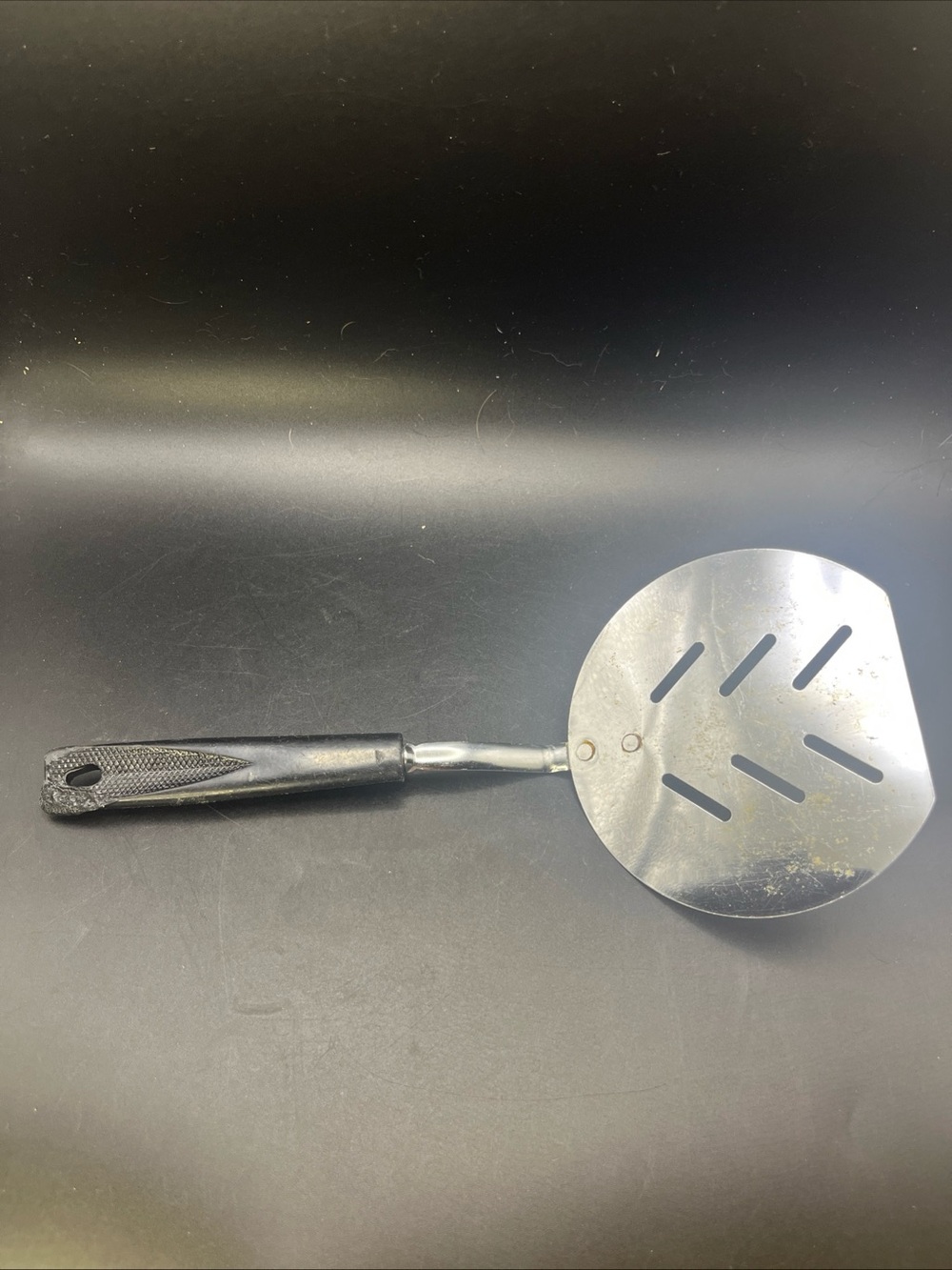 RARE Vintage ECKO Short Slotted Round Spatula Black Plastic Handle 10 1/2" USA